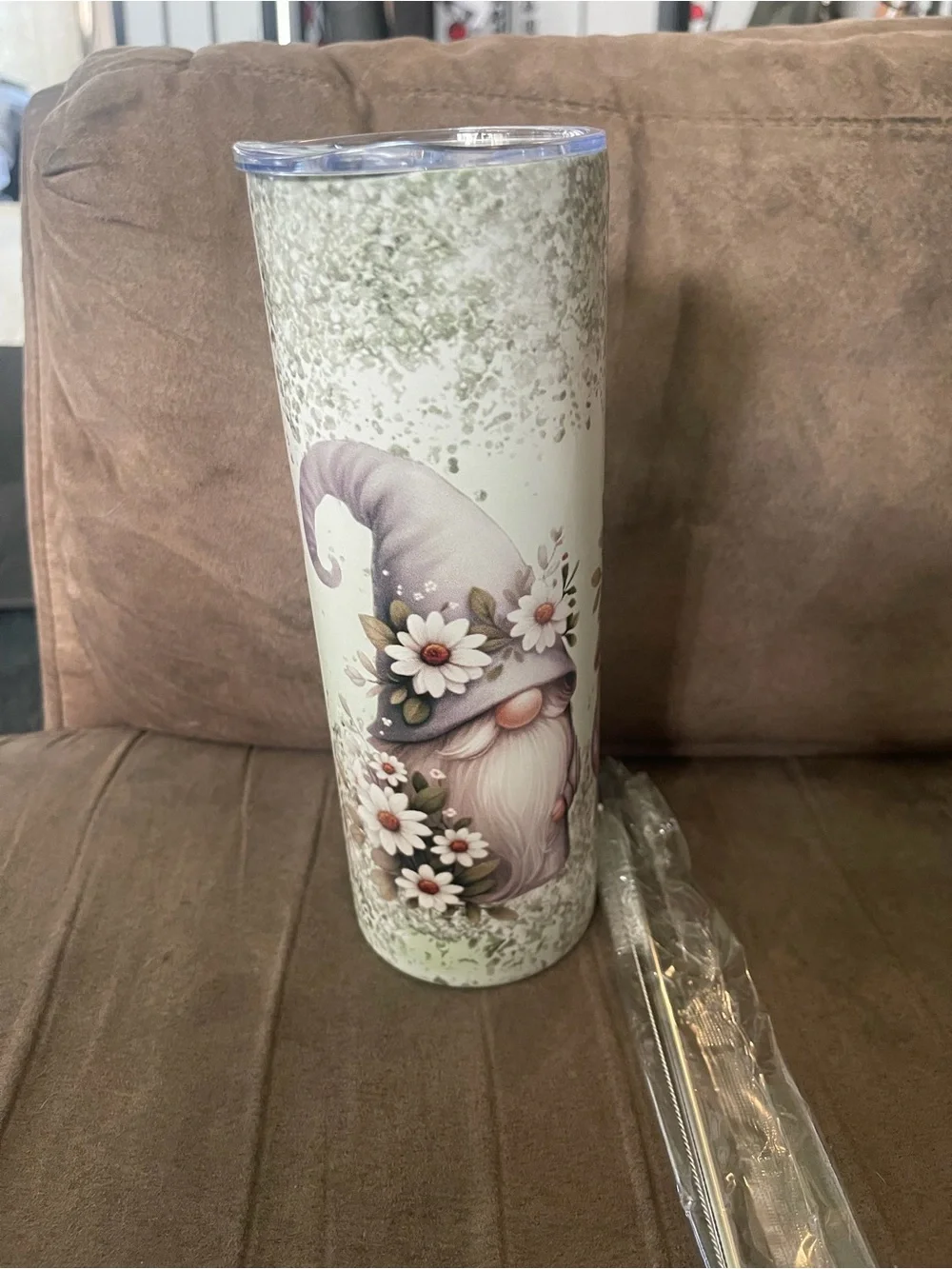 Floral Gnome Stainless Steel Travel Tumbler - Cream & Light Purple